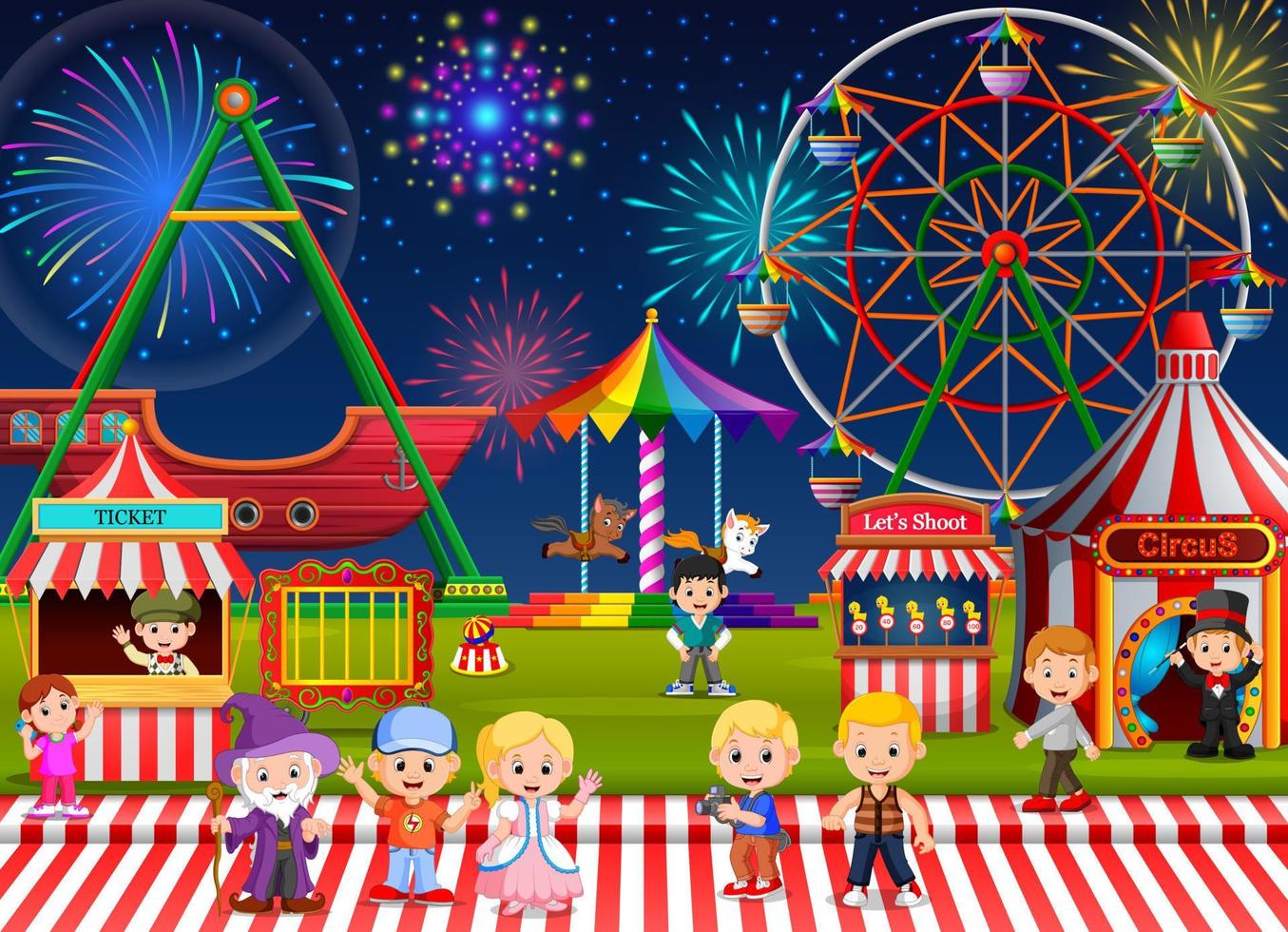 Many Childrens and people worker having fun in amusement park at night vector