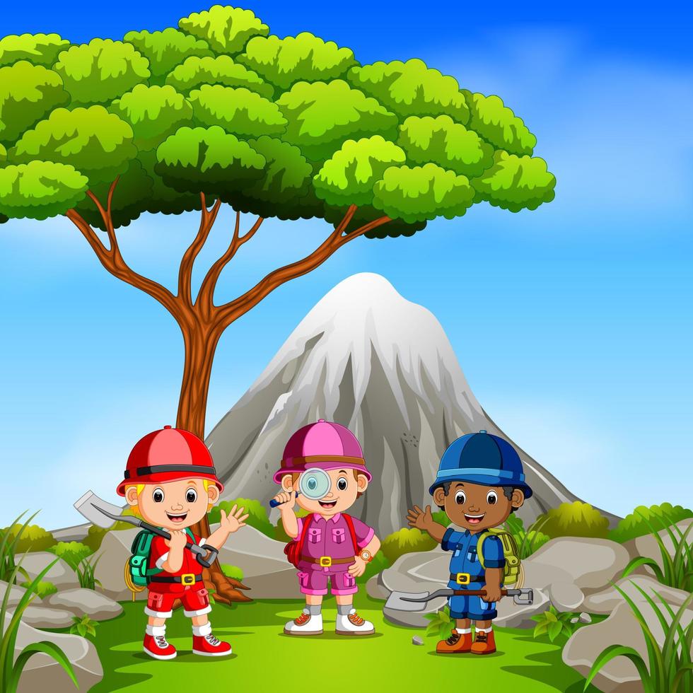 three adventurer in the park with mountain scene vector