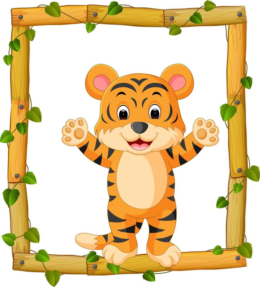 Tiger on the wood frame with roots and leaf vector