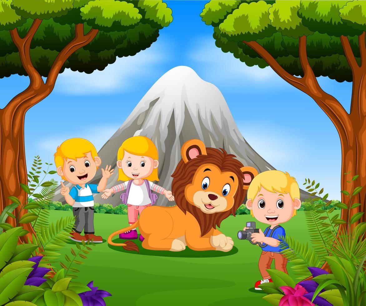 Young girl and boy posing with lion vector