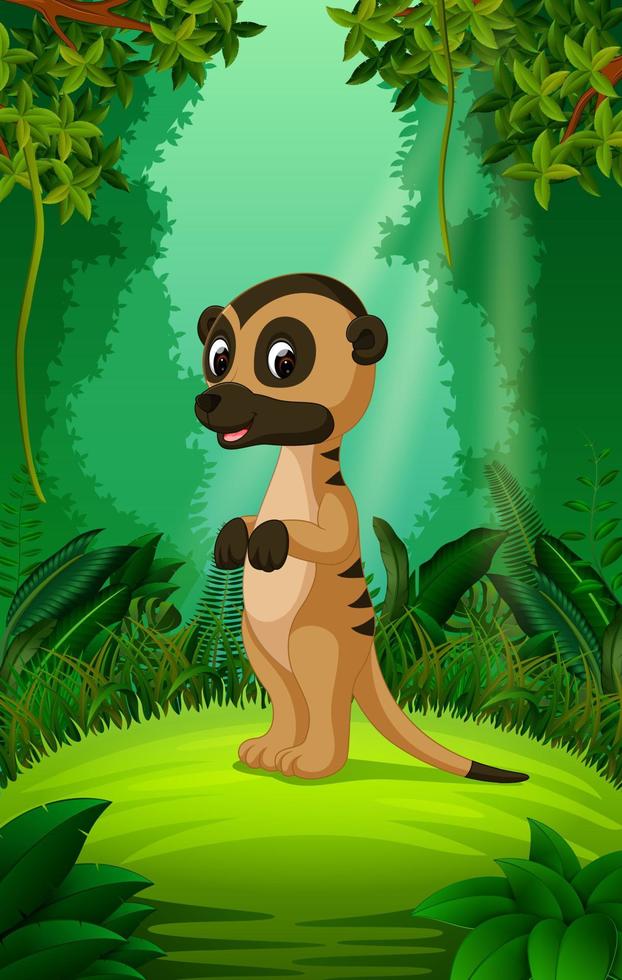 cute meerkat cartoon in the clear and green forest vector