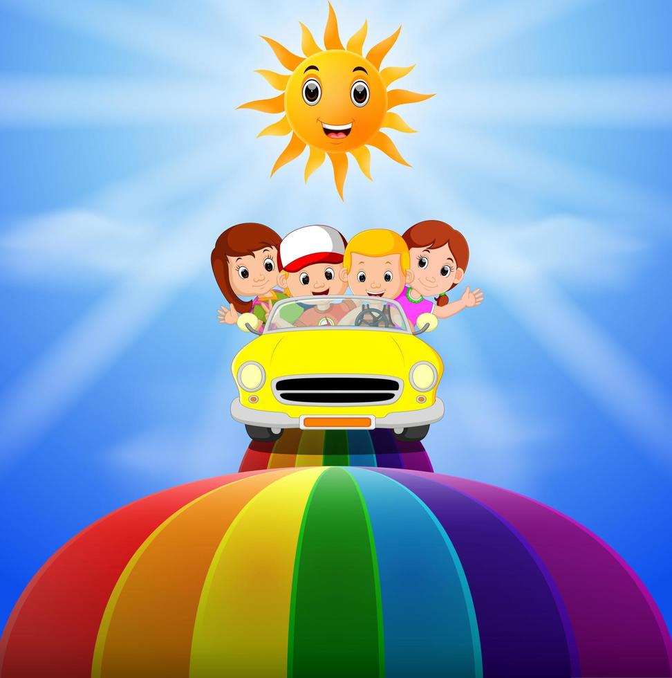 the kids riding on a vehicle passing through the rainbow vector