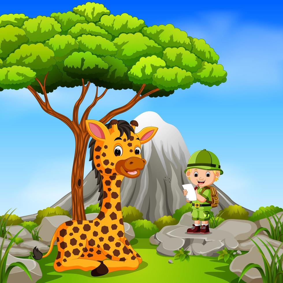 adventurer and giraffe posing with mountain scene vector