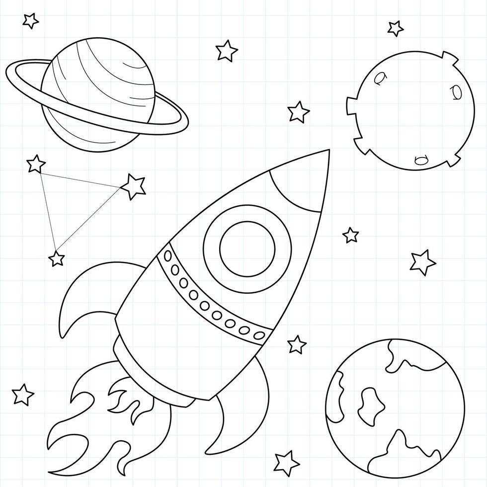 Rocket in space suitable for children's coloring page vector illustration