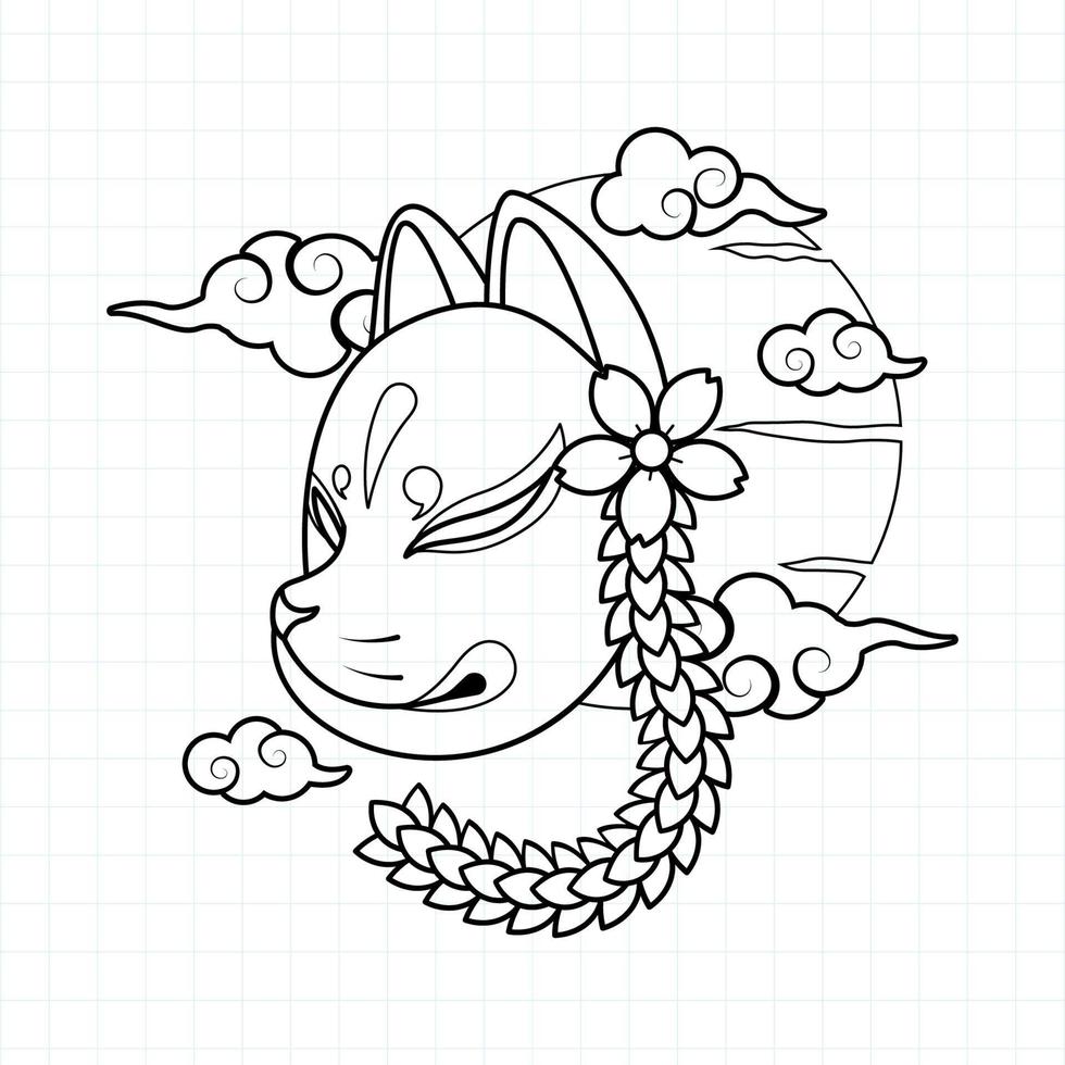 Japanese kitsune mask coloring page, Vector illustration eps.10
