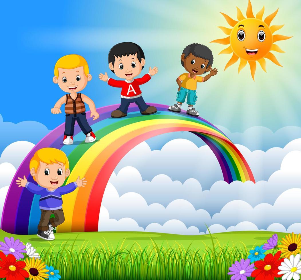 Happy kids standing over the rainbow vector
