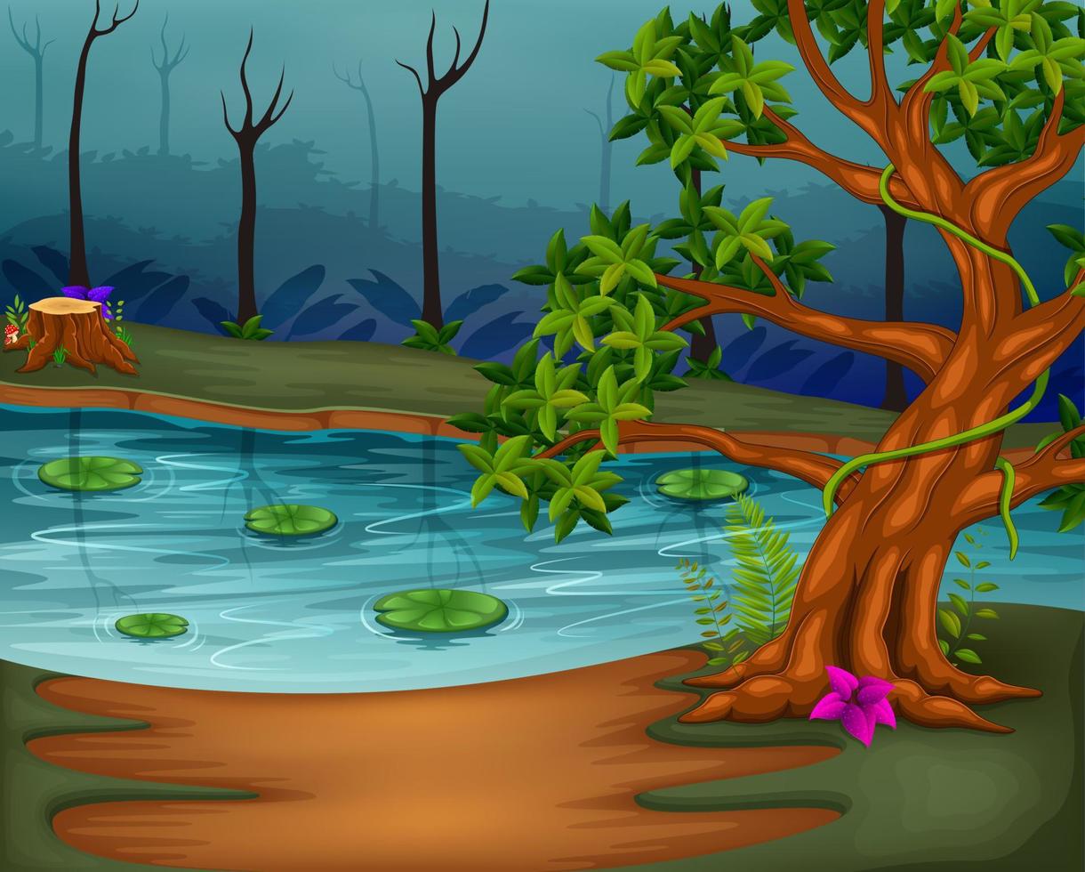 escena del bosque con lago vector