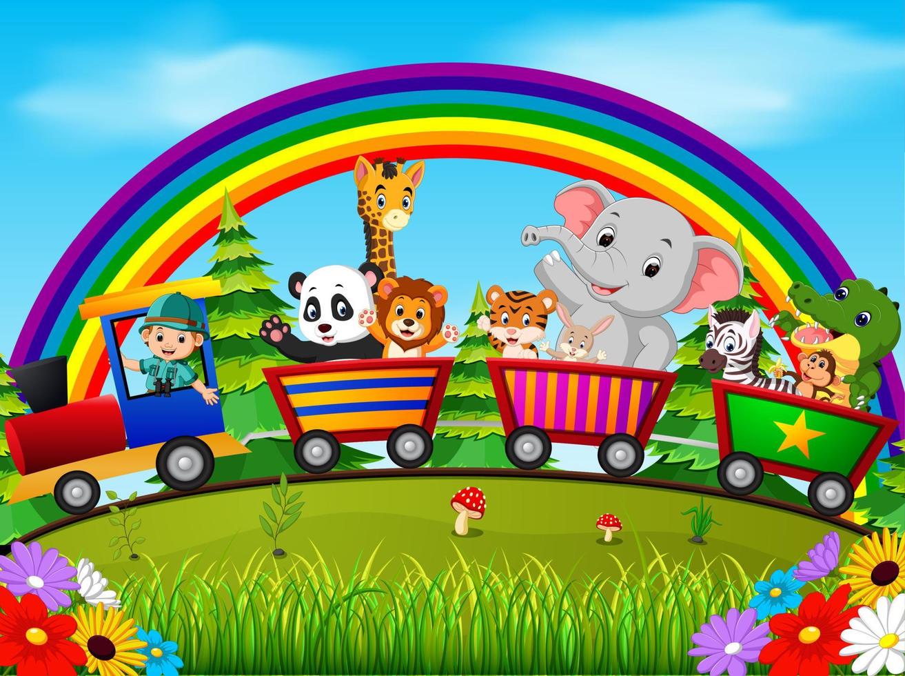 adventurer and wild animals on the train with rainbow illustration vector