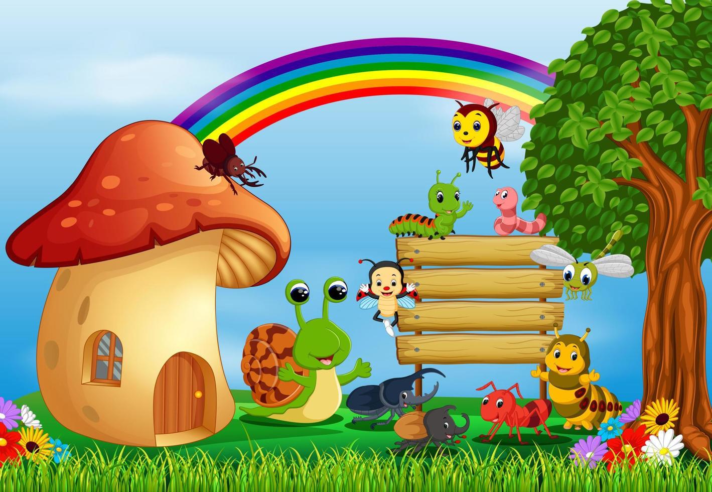 many insect and a mushroom house in forest vector