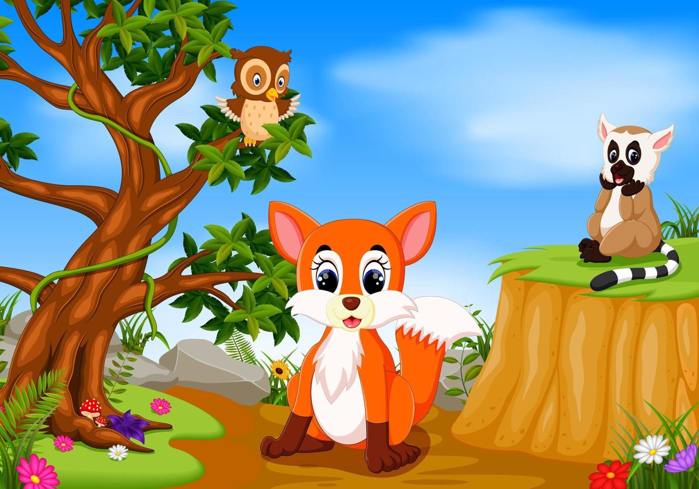 fox, owl and lemur with mountain cliff scene vector