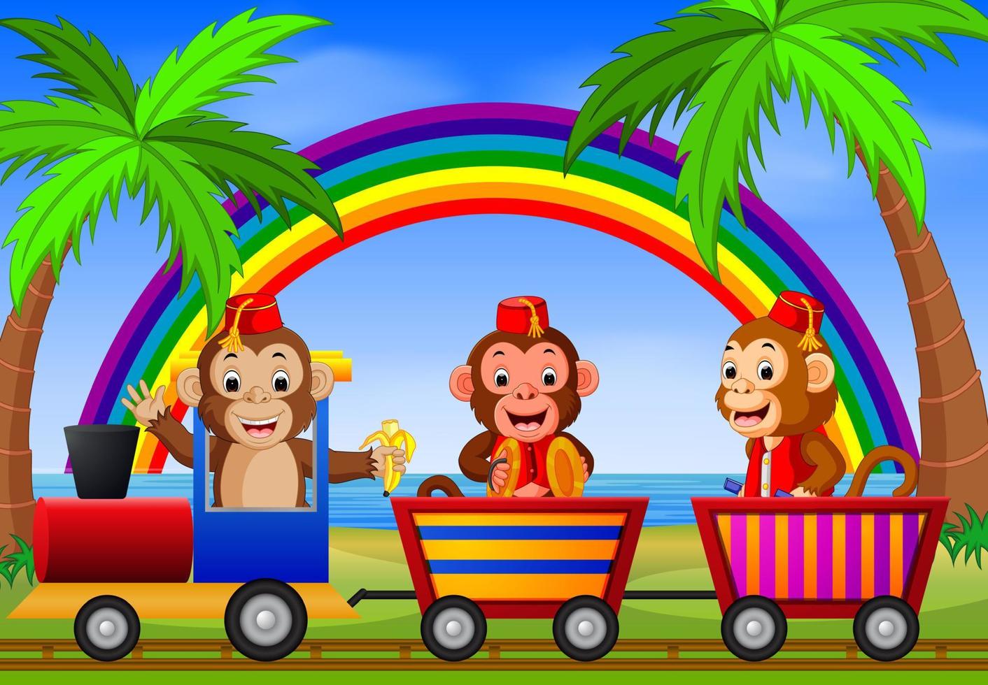 Monkey on the train with rainbow illustration vector