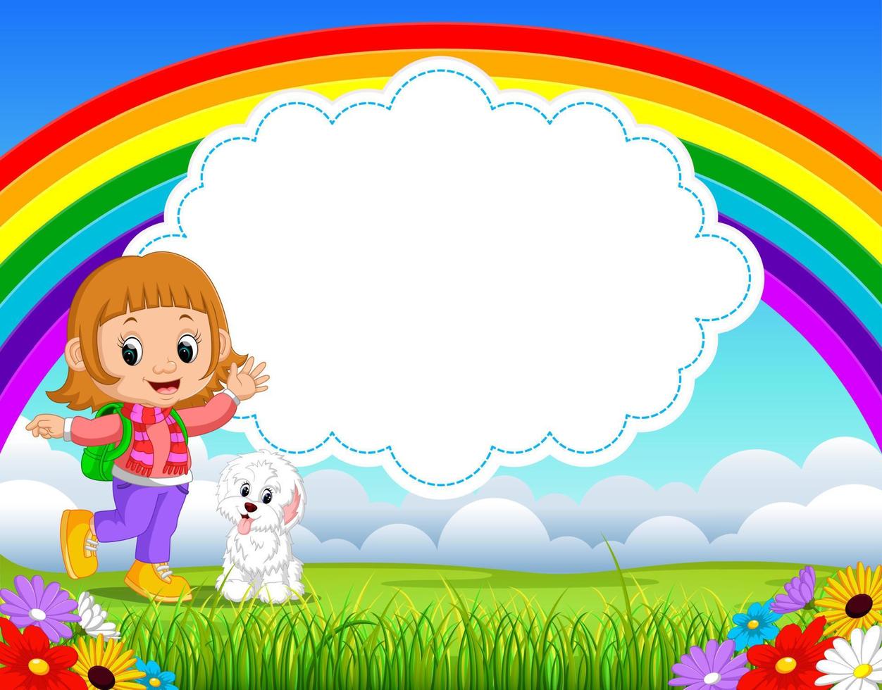 cute girl with dog in the park on rainbow day vector