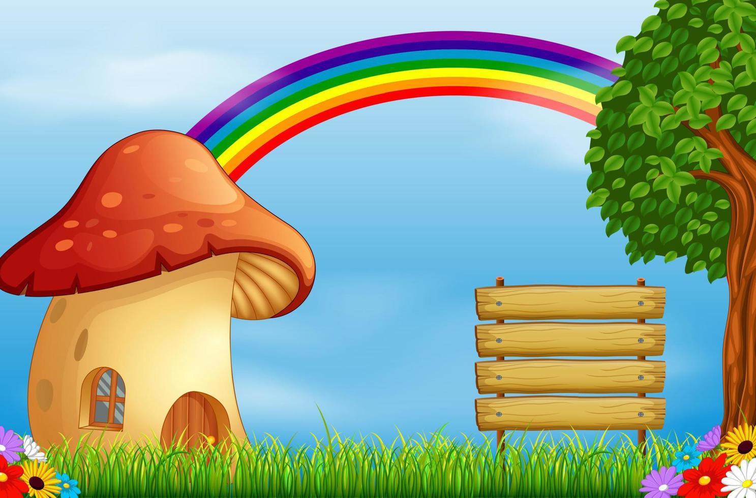 red mushroom house and rainbow on forest vector