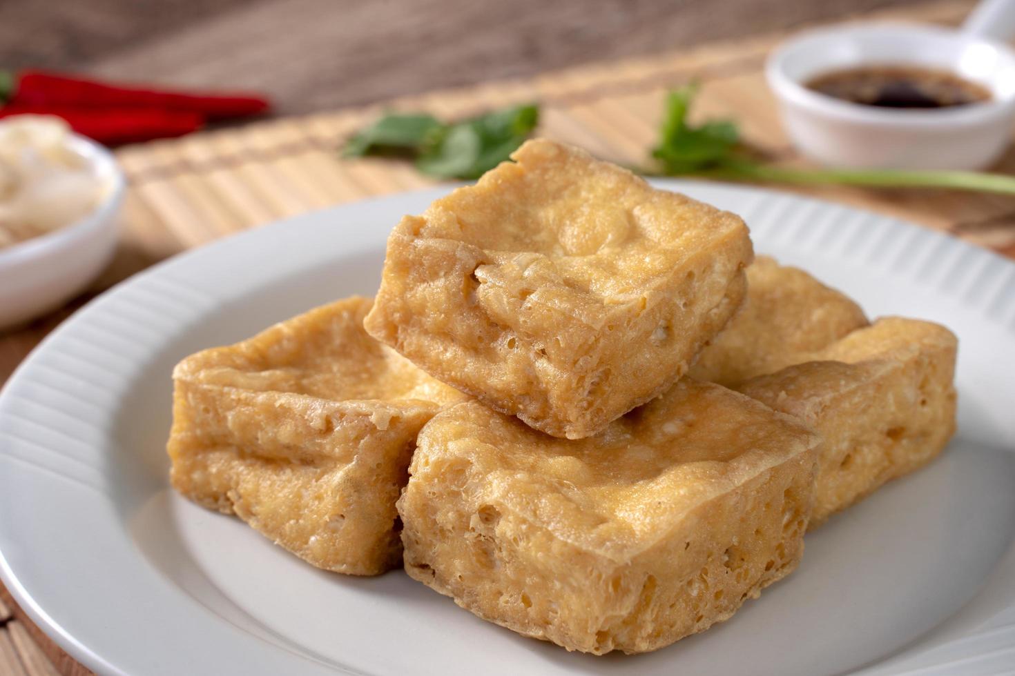Deep fried stinky tofu with pickled cabbage street food in Taiwan. photo