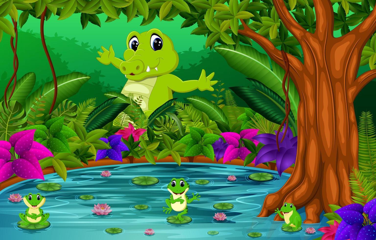 crocodile and frog in the jungle with lake scene vector