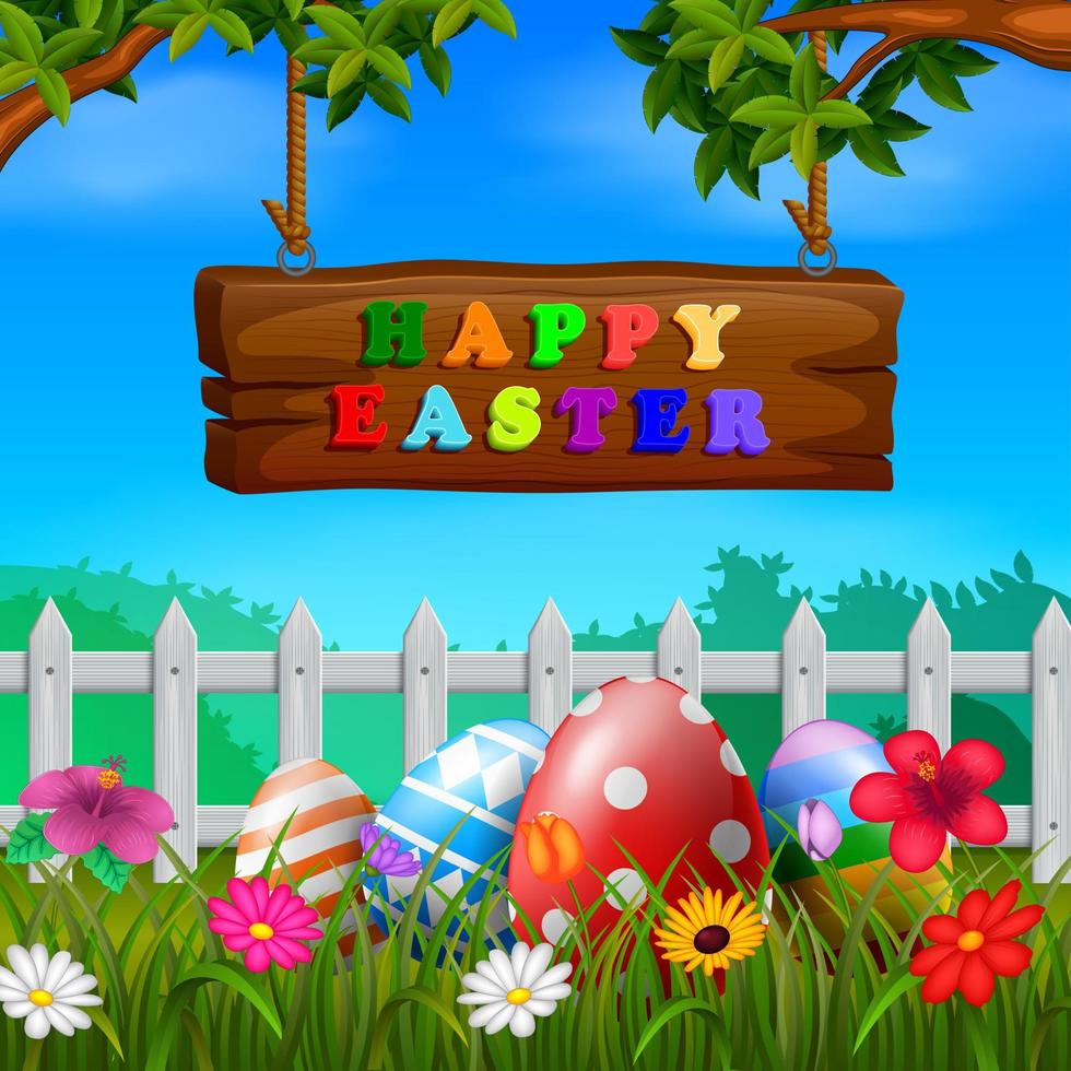 Easter eggs at the fence with wood sign vector