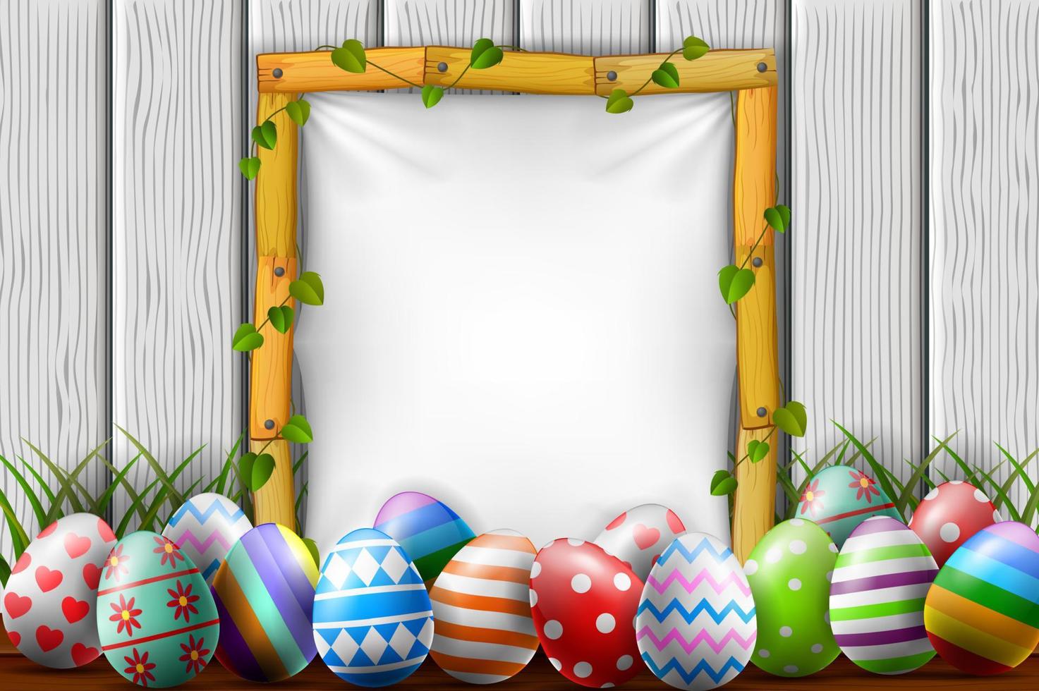 easter eggs in the garden with blank frame vector