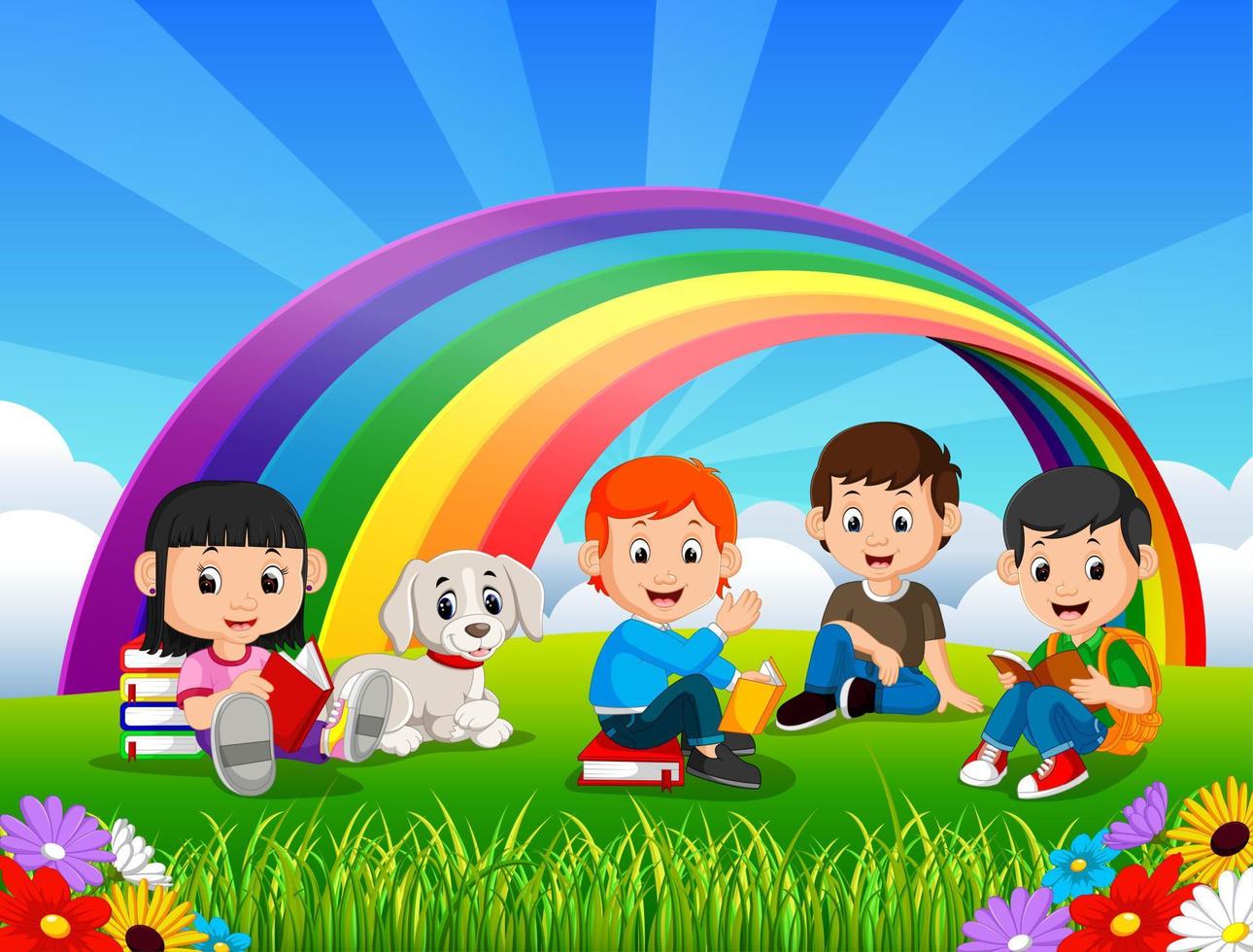 Children reading book in the park on rainbow day vector
