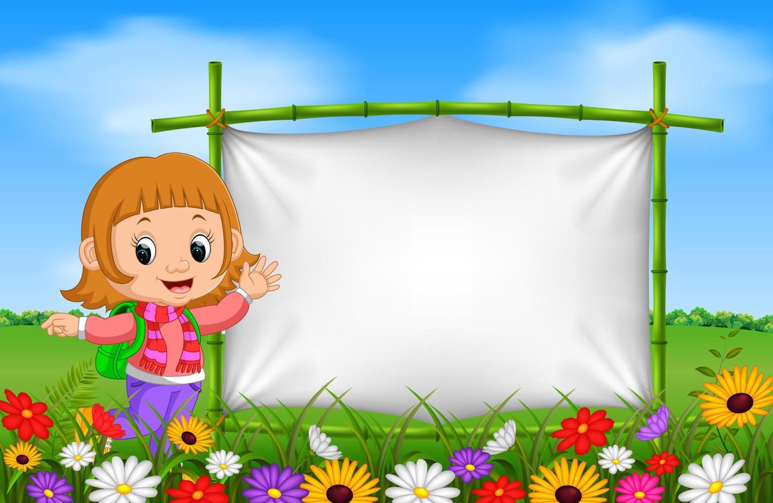 cute girl beside a frame made of bamboo in garden vector