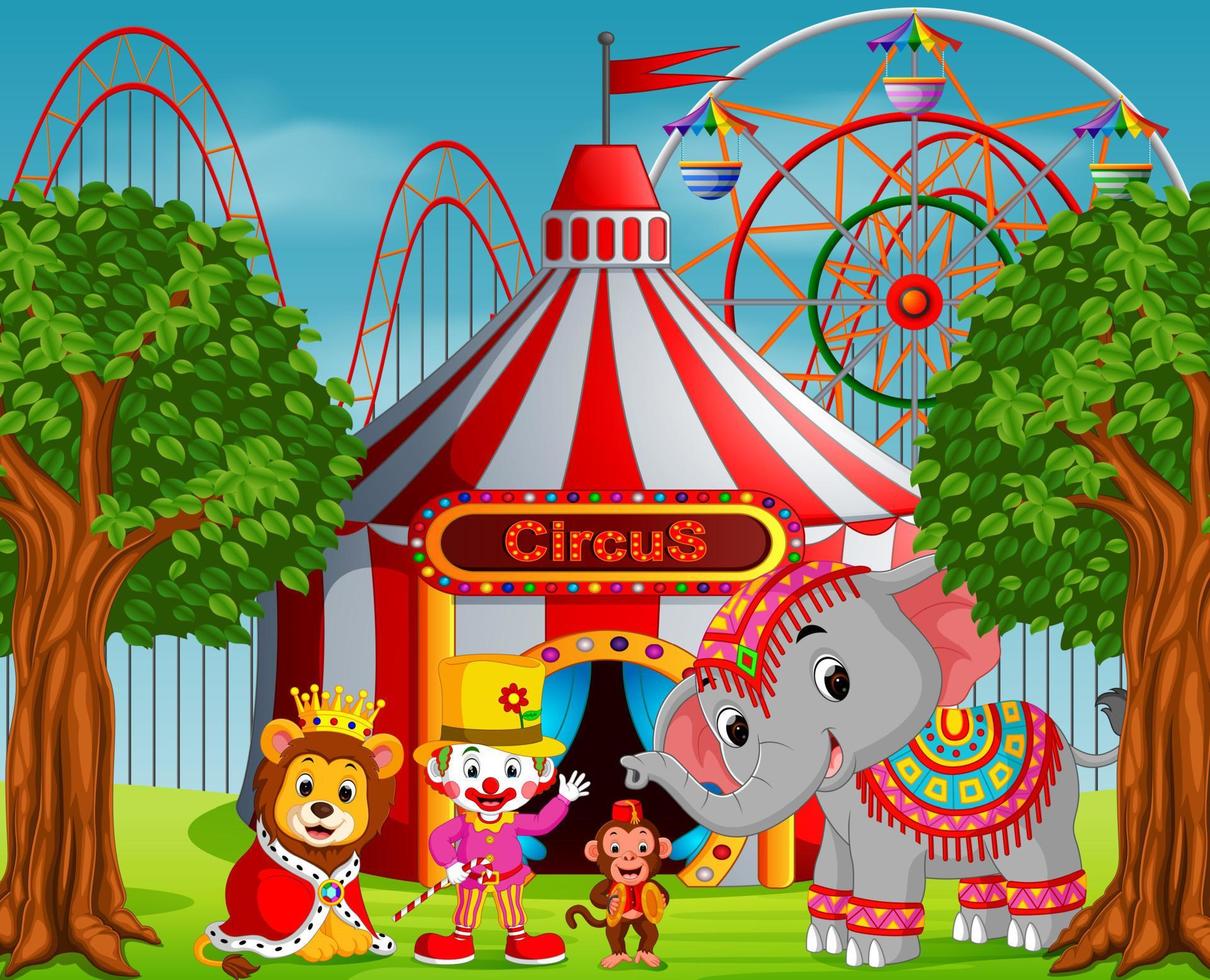 payaso y muchos animales con carpa de circo en el parque de atracciones vector