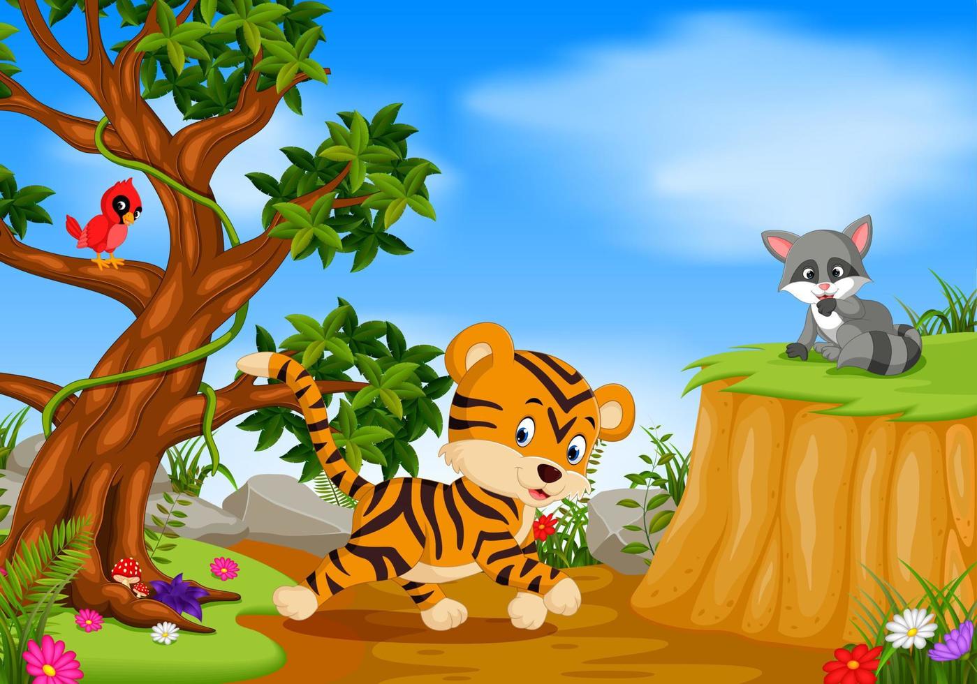 tiger, bird and raccoon with mountain cliff scene vector