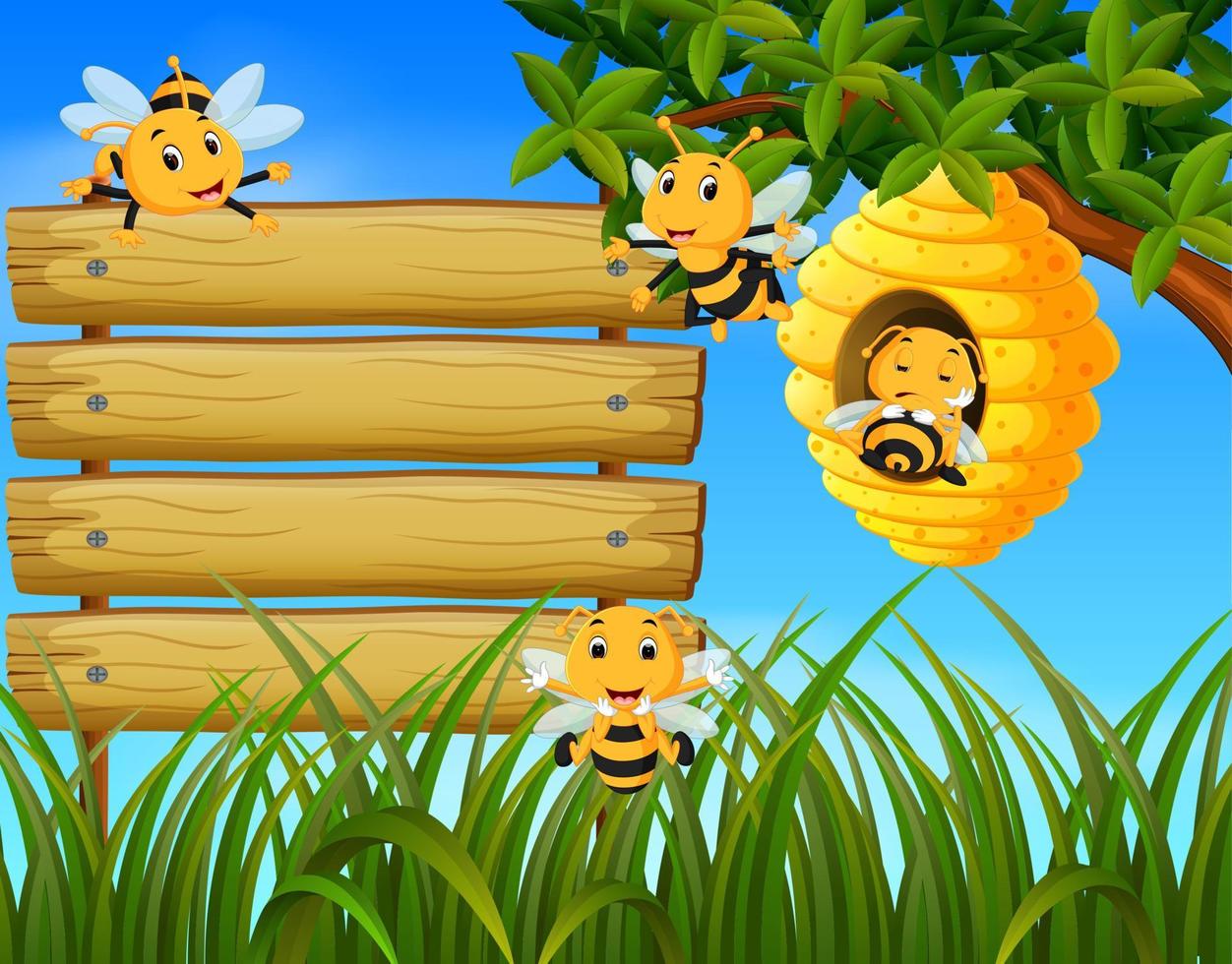 Scene with bees flying around beehive illustration with blank wood vector