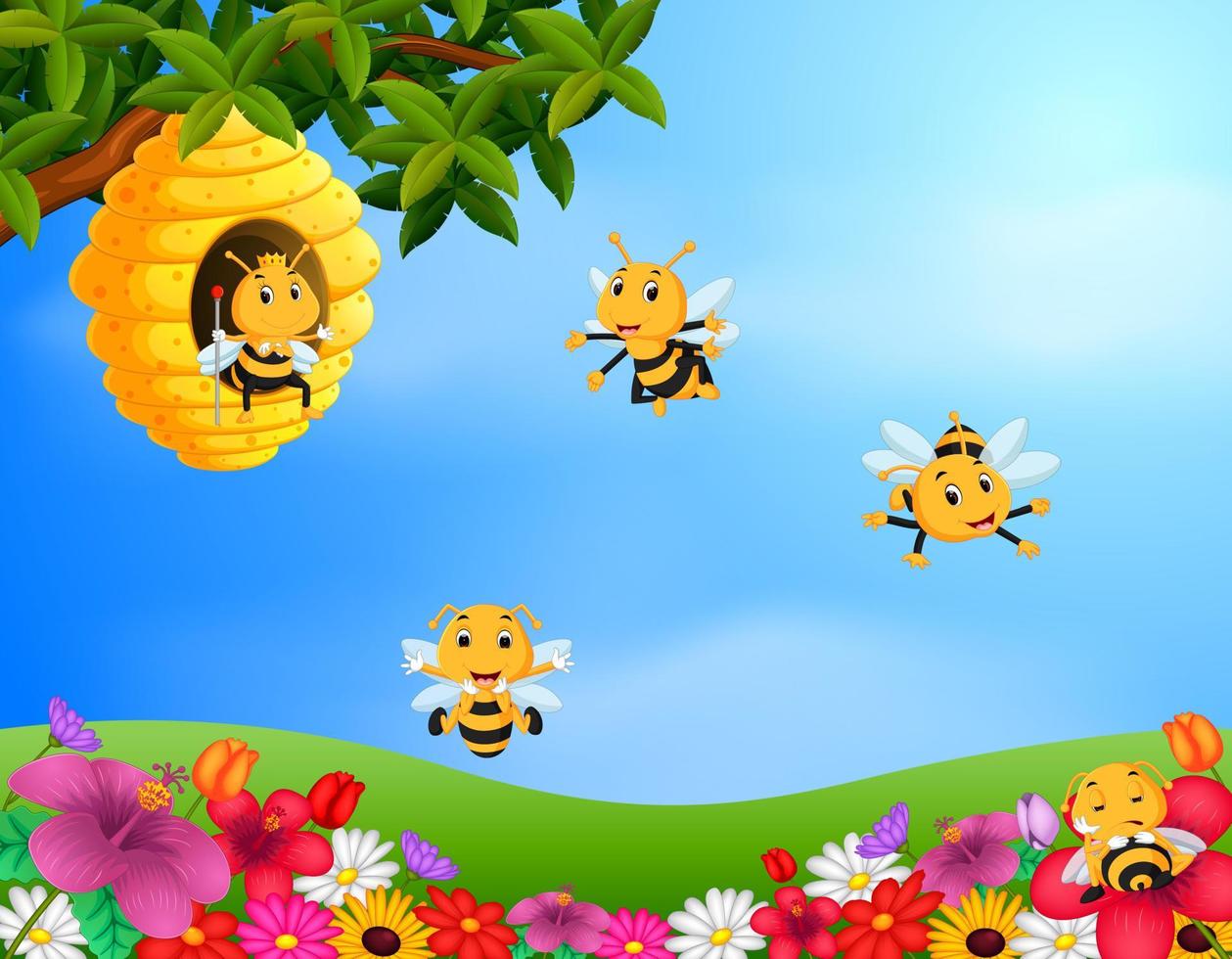 Illustration of bee flying around a beehive in the garden vector