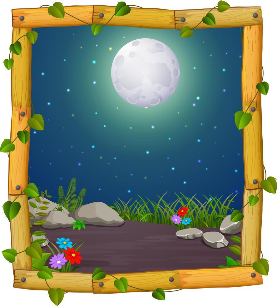 wooden frame with nature scene and fullmoon vector