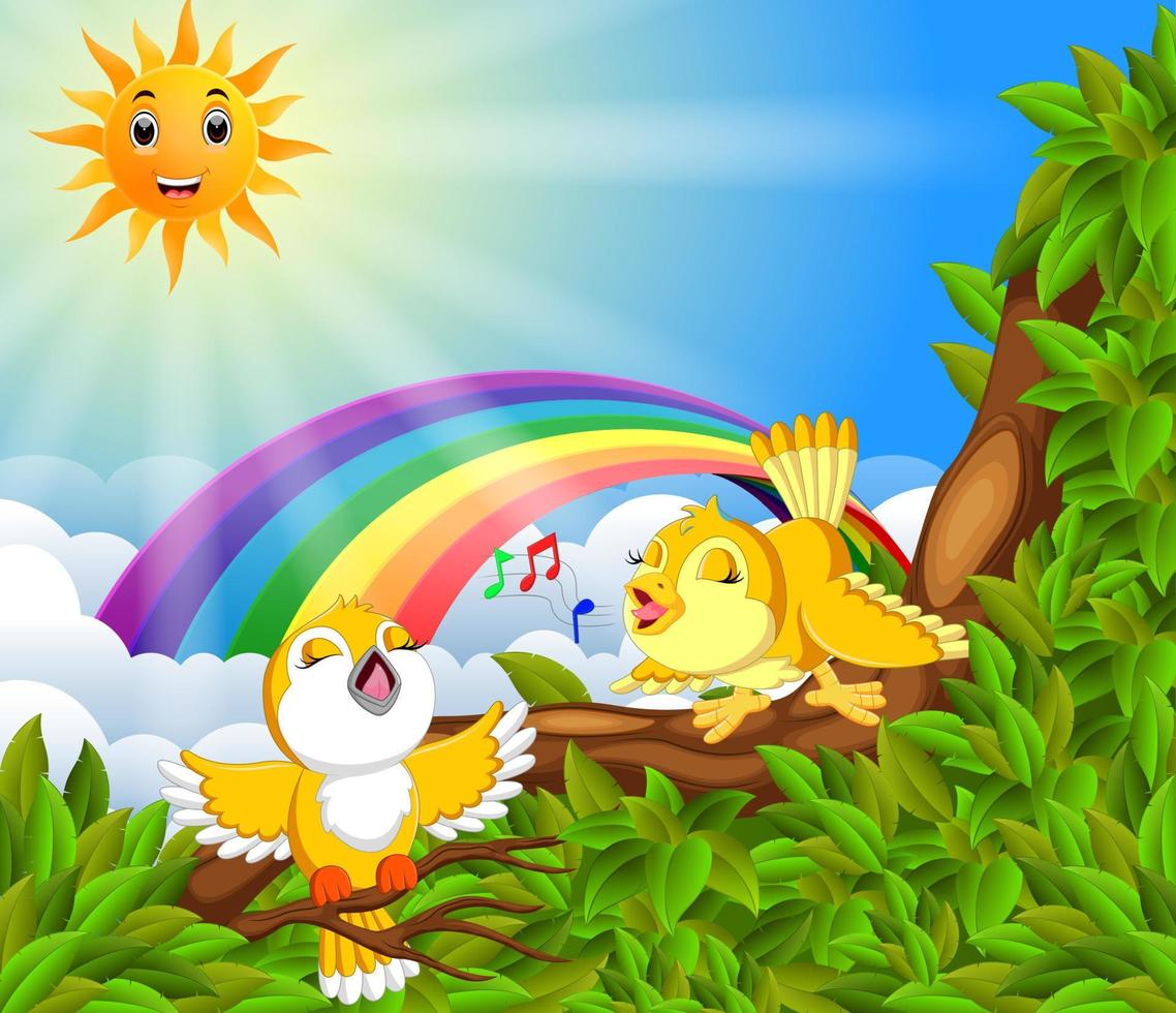 muchos pájaros en la rama del árbol con la escena del arco iris vector