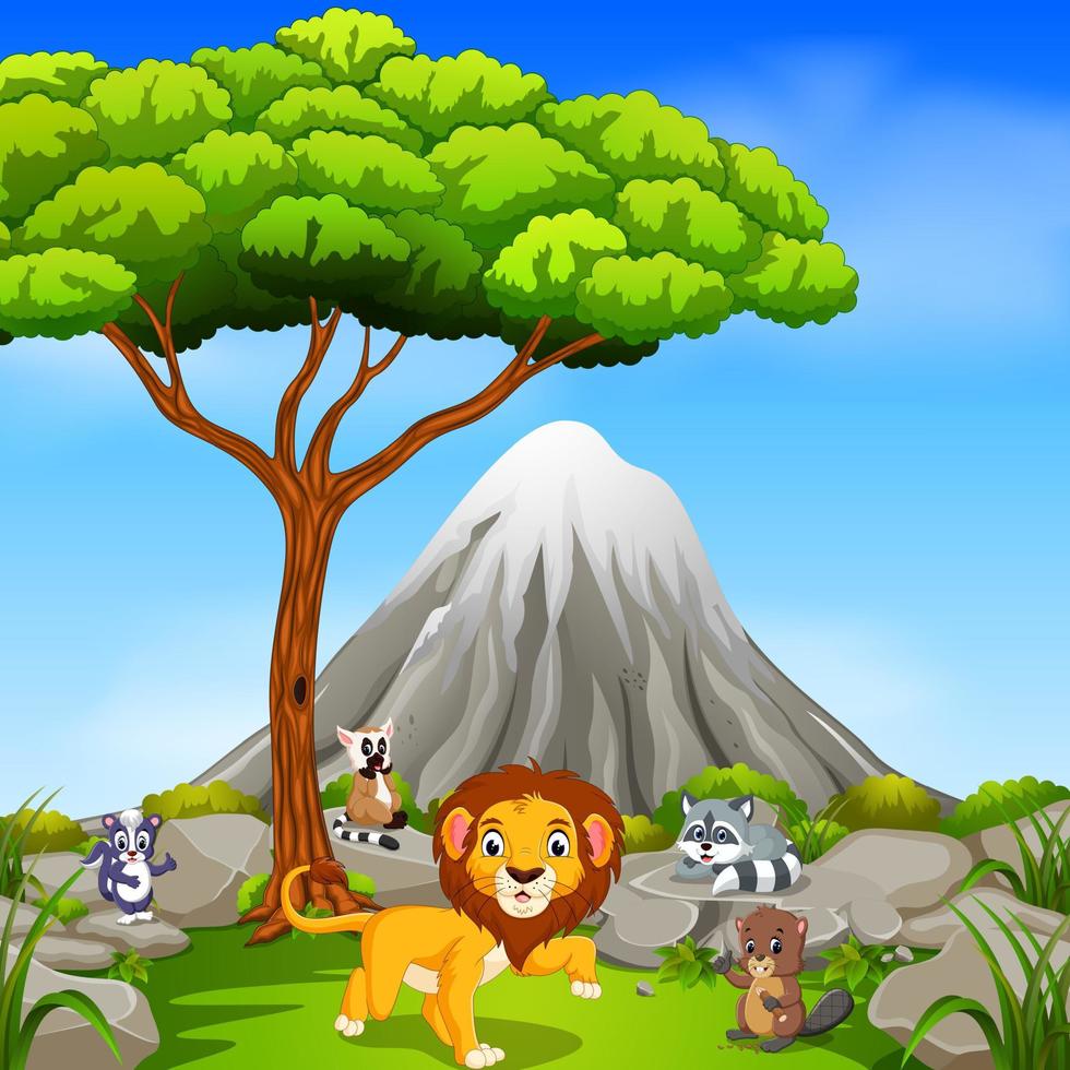 león en la jungla con escena de montaña vector