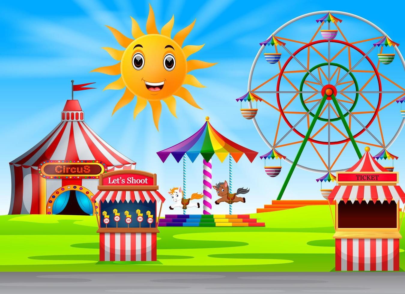 Amusement park scene at daytime with cute sun vector