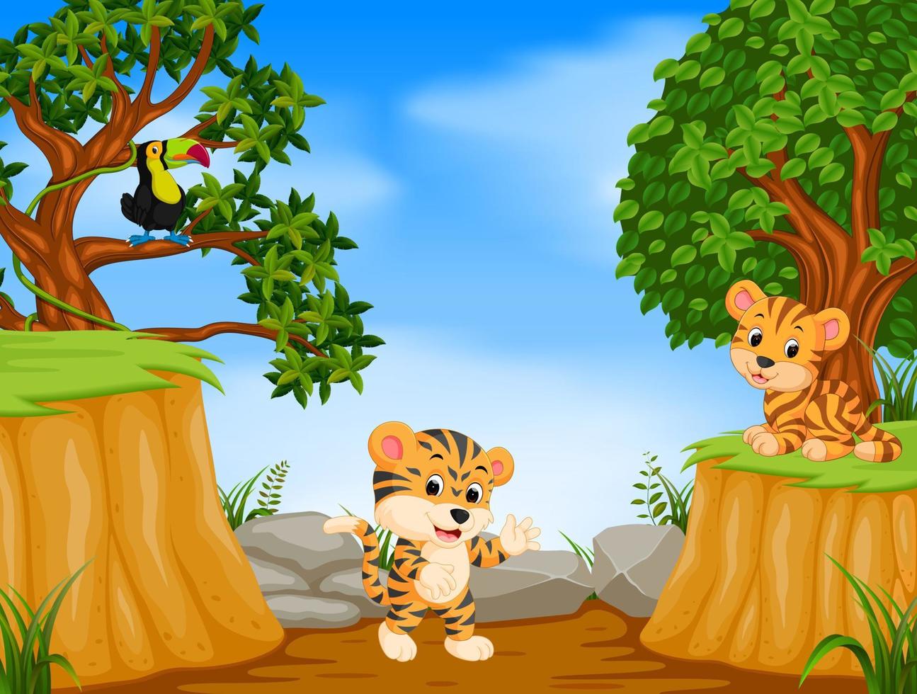 two tiger and toucan with mountain cliff scene vector