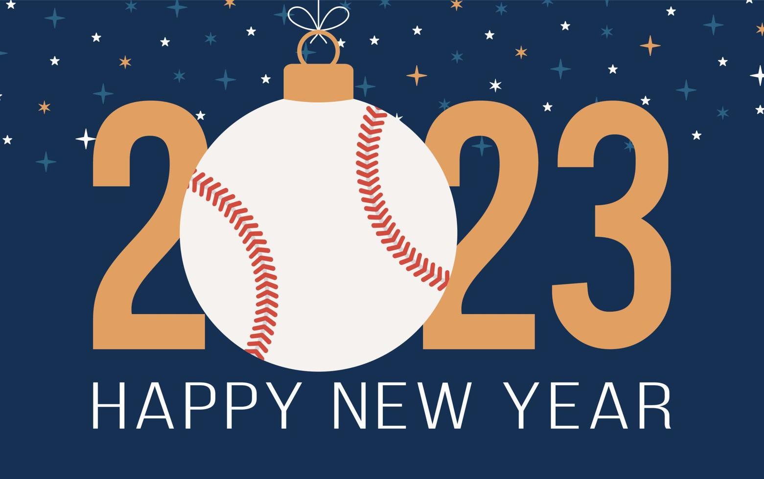béisbol 2023 feliz año nuevo. tarjeta de felicitación deportiva con pelota de béisbol en el fondo plano. ilustración vectorial vector