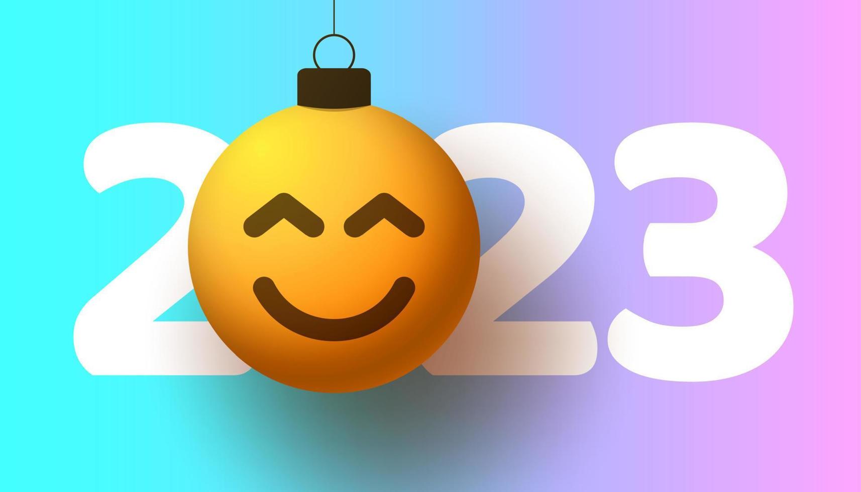 Greeting card for 2023 new year with smiling emoji face that hangs on thread like a christmas toy, ball or bauble. New year emotion concept vector illustration