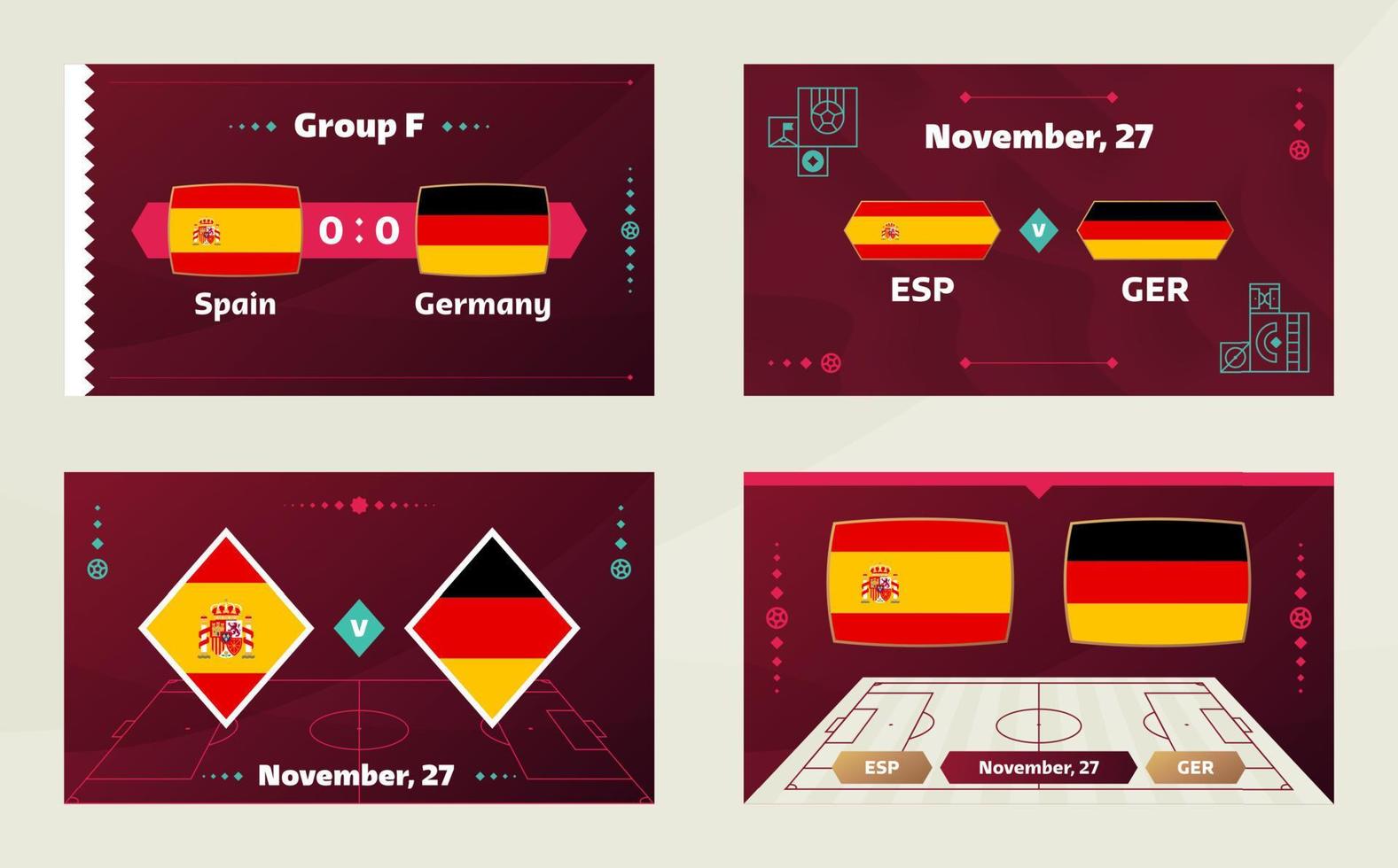 españa vs alemania, futbol 2022, grupo f. partido de campeonato mundial de fútbol versus antecedentes deportivos de introducción de equipos, afiche final de la competencia de campeonato, ilustración vectorial. vector