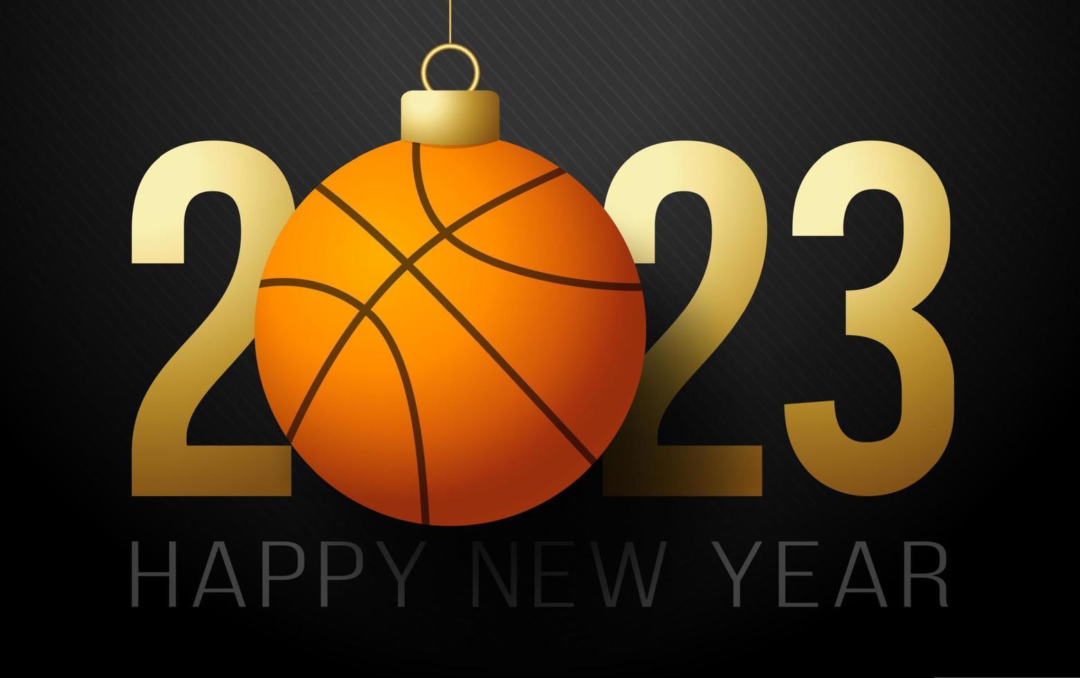 baloncesto 2023 feliz año nuevo. tarjeta de felicitación deportiva con pelota de baloncesto dorada en el fondo de lujo. ilustración vectorial vector