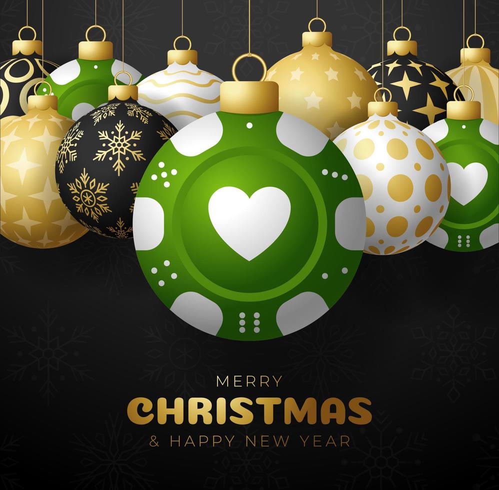 Casino Poker Christmas card set. Merry Christmas sport greeting card. Hang on a thread casino poker green chip as a xmas ball and golden bauble on black background vector