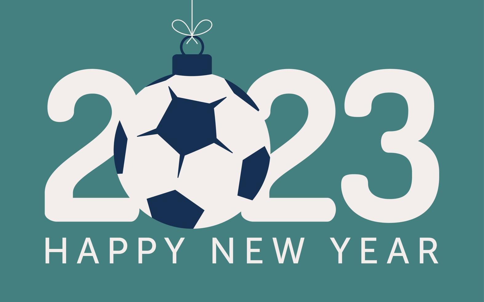 2023 football Happy New Year. Sports greeting card with soccer and football ball on the flat star background. Vector illustration.