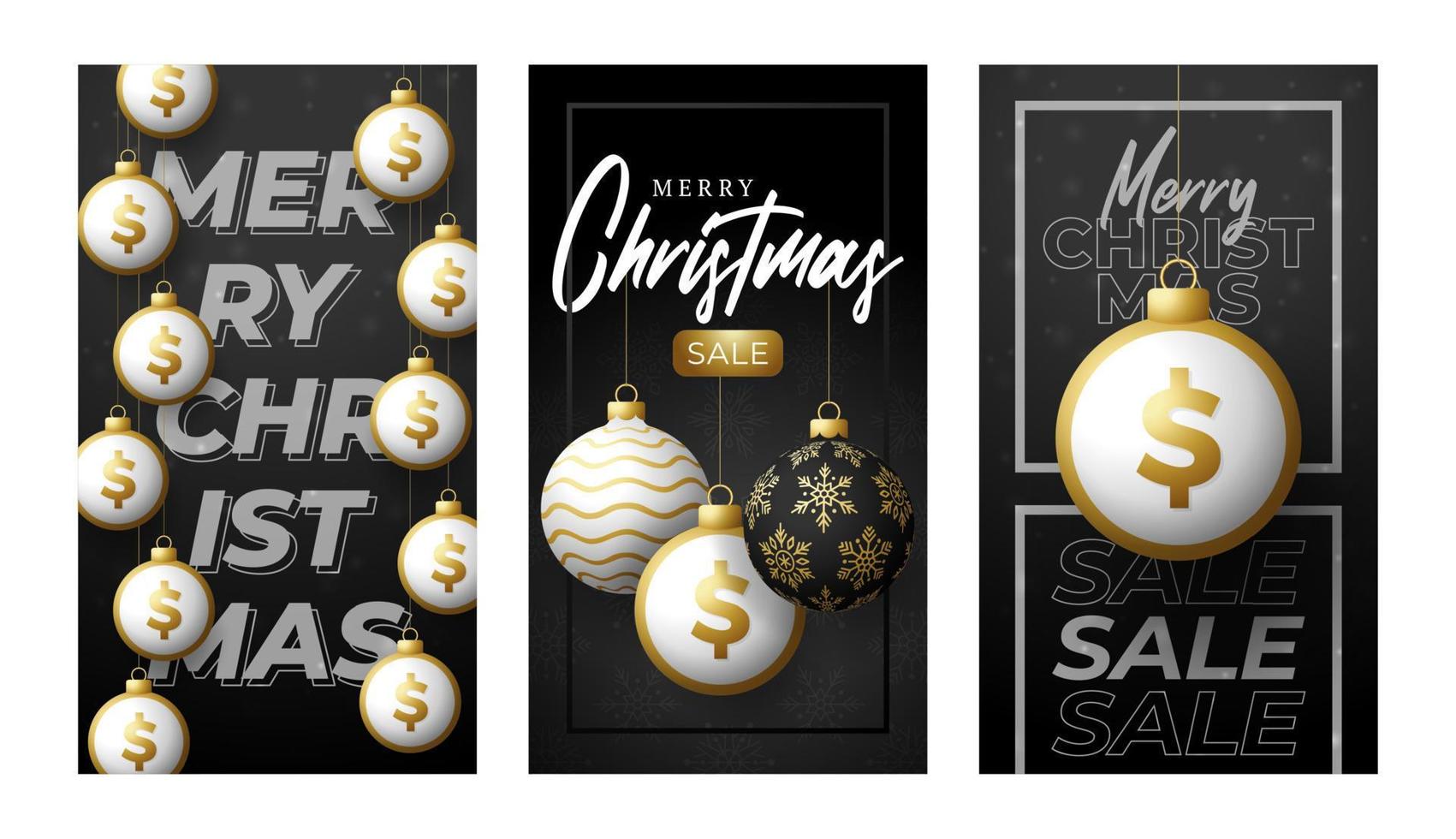 Merry Christmas gold dollar symbol banner set. Dollar sign as christmas bauble ball hanging greeting card. Vector image for xmas, finance, new years day, banking, money