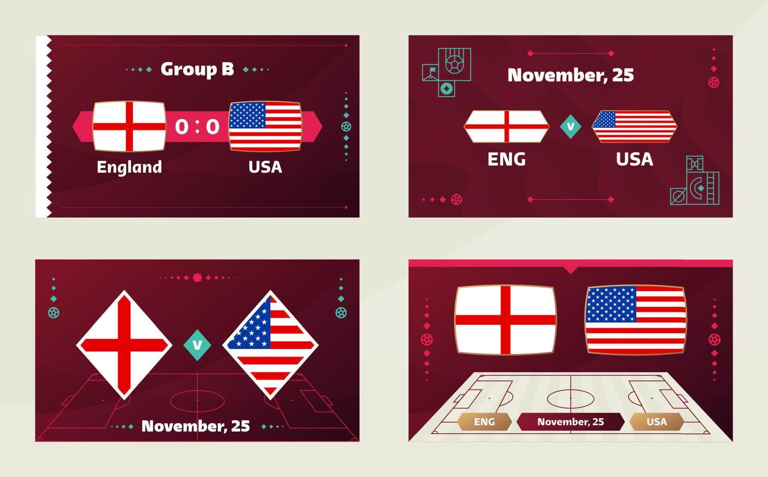 inglaterra vs usa, fútbol 2022, grupo b. partido de campeonato mundial de fútbol versus antecedentes deportivos de introducción de equipos, afiche final de la competencia de campeonato, ilustración vectorial. vector