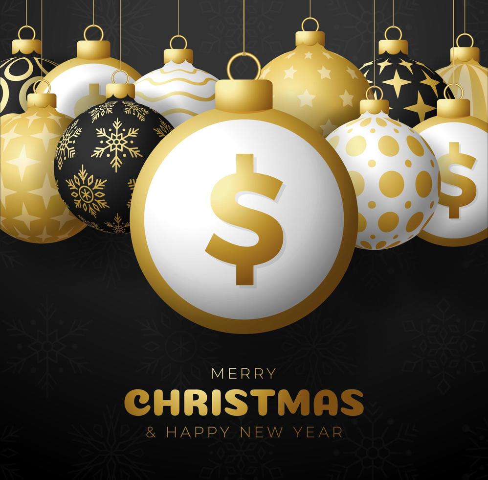 conjunto de banner de símbolo de dólar de oro de feliz navidad. signo de dólar como bola de adorno de Navidad que cuelga la tarjeta de felicitación. imagen vectorial para navidad, finanzas, día de año nuevo, banca, dinero vector