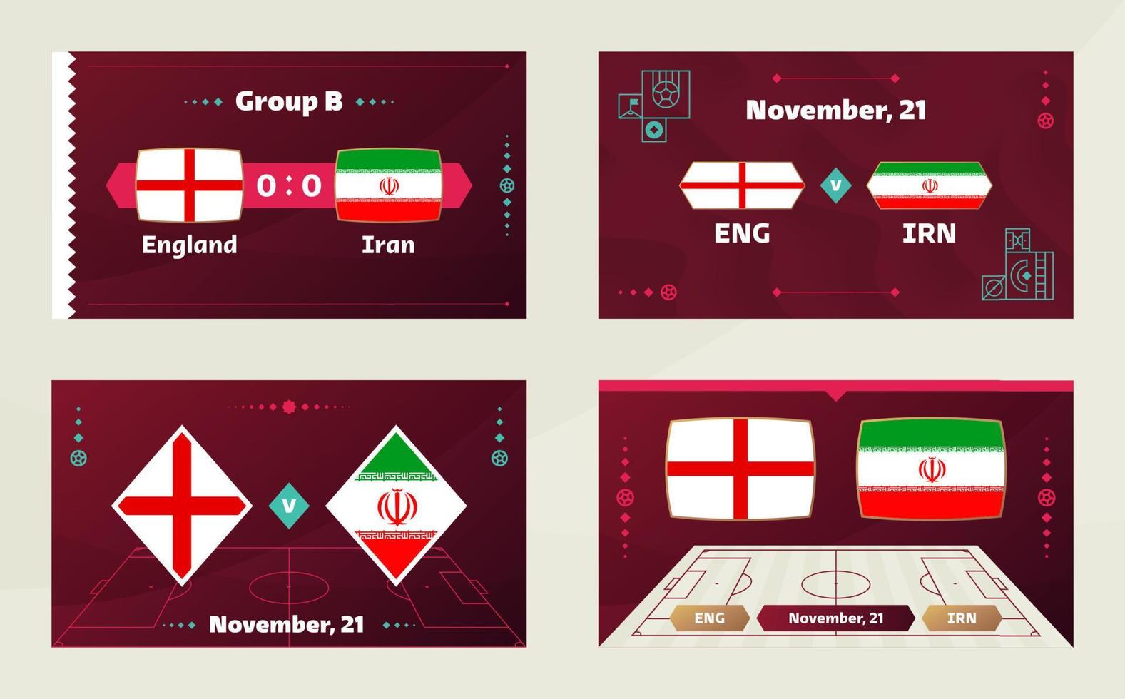 inglaterra vs irán, fútbol 2022, grupo b. partido de campeonato mundial de fútbol versus antecedentes deportivos de introducción de equipos, afiche final de la competencia de campeonato, ilustración vectorial. vector