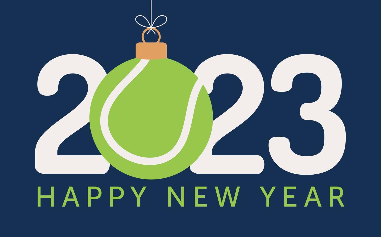 Tennis 2023 Happy New Year. Sports greeting card with tennis ball on the flat background. Vector illustration