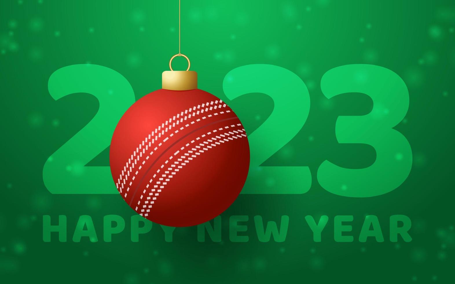 Cricket 2023 Happy New Year. Sports greeting card with golden cricket ball on the luxury background. Vector illustration.