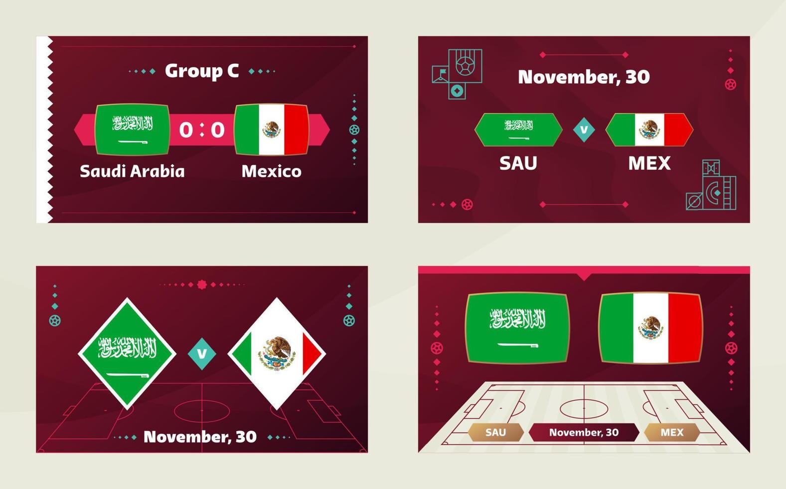 arabia saudita vs mexico, futbol 2022, grupo c. partido de campeonato mundial de fútbol versus antecedentes deportivos de introducción de equipos, afiche final de la competencia de campeonato, ilustración vectorial. vector