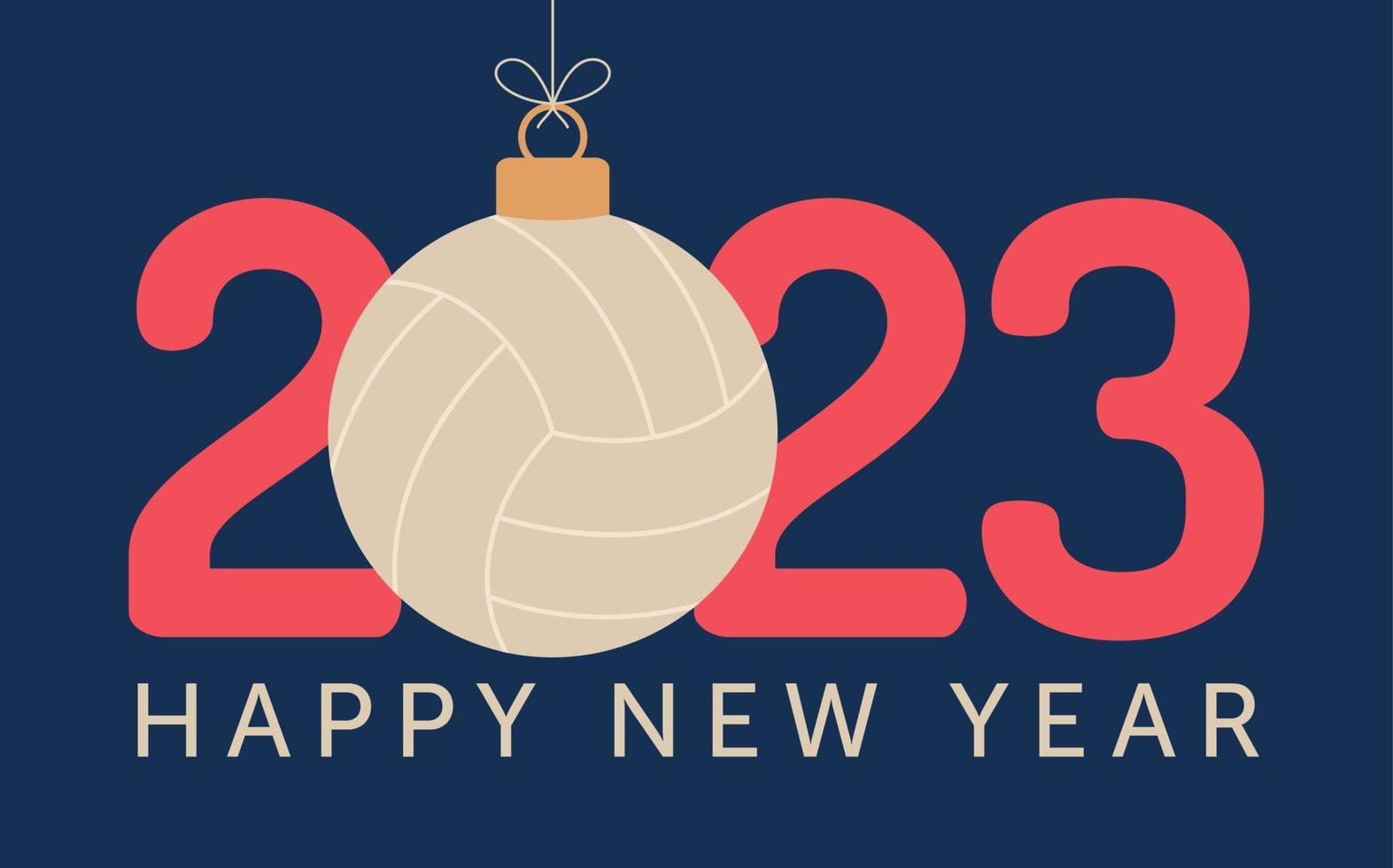 Volleyball 2023 Happy New Year. Sports greeting card with volleyball ball on the flat background. Vector illustration.