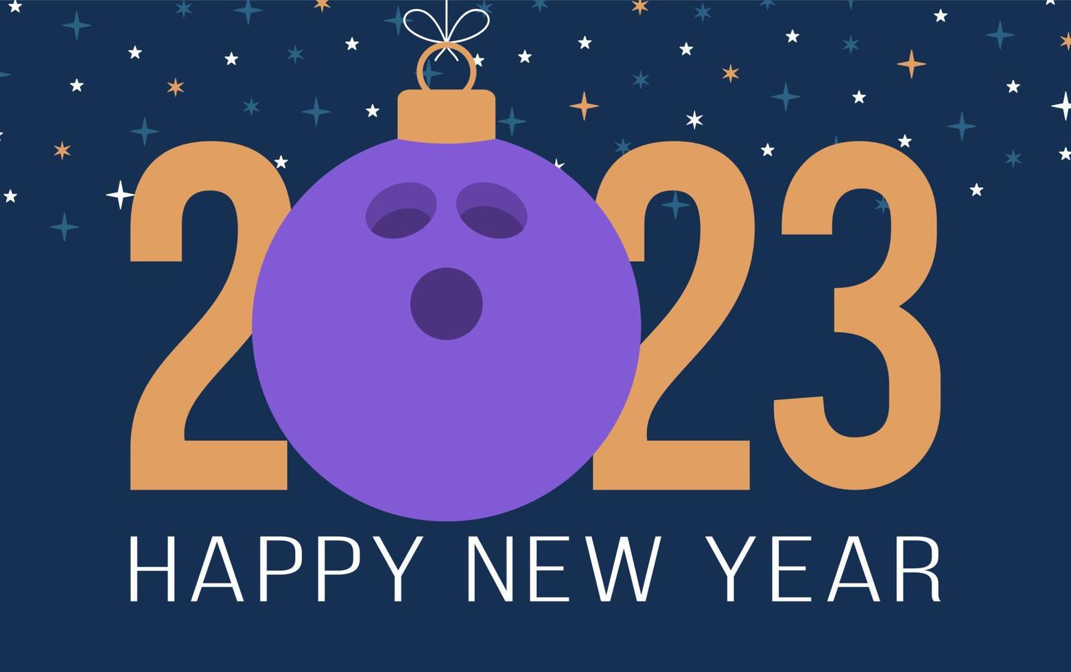 Bowling 2023 Happy New Year. Sports greeting card with violet bowling ball on the flat background. Vector illustration.