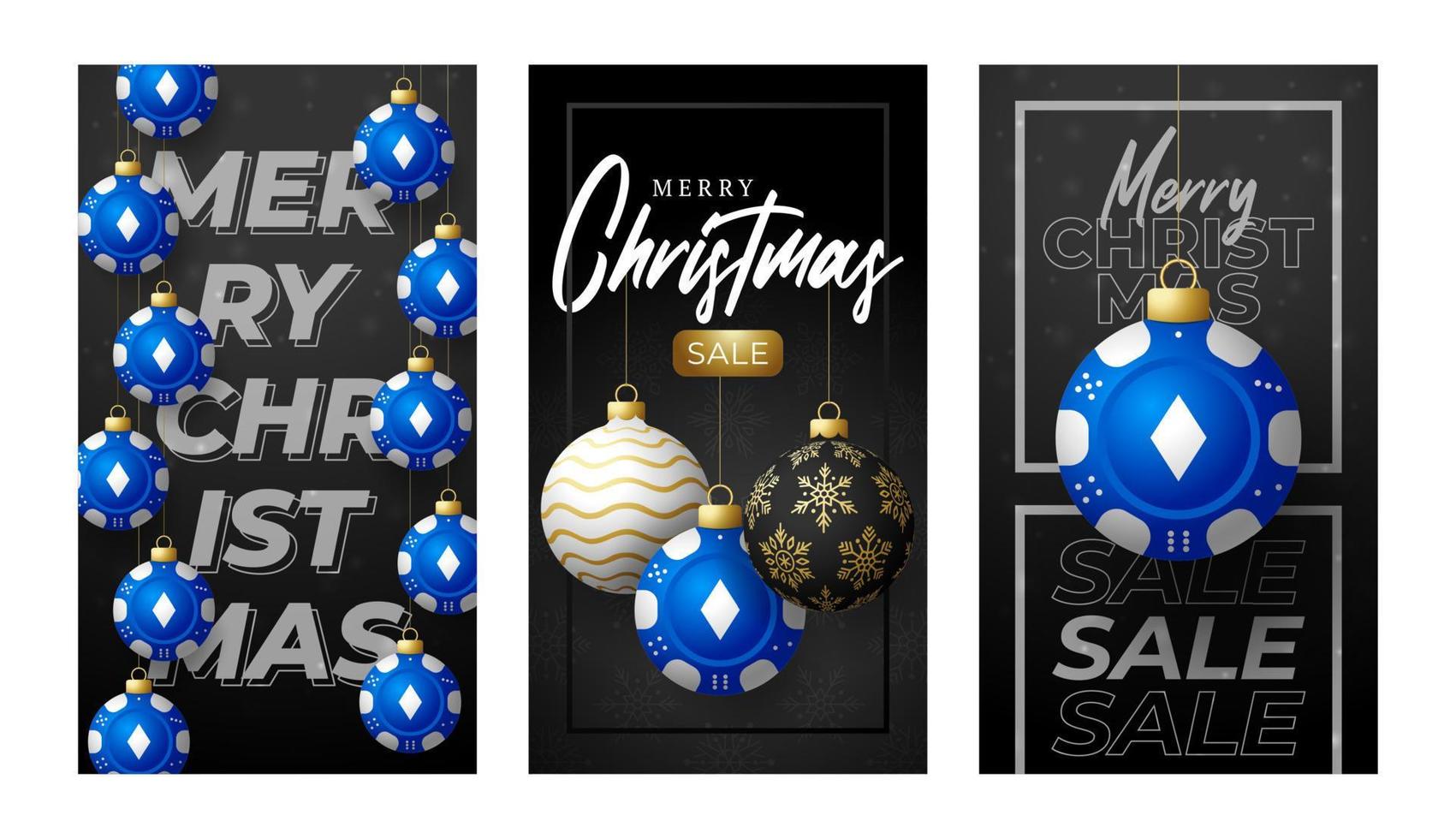 Casino Poker Christmas card set. Merry Christmas sport greeting card. Hang on a thread casino poker blue chip as a xmas ball and golden bauble on black background vector