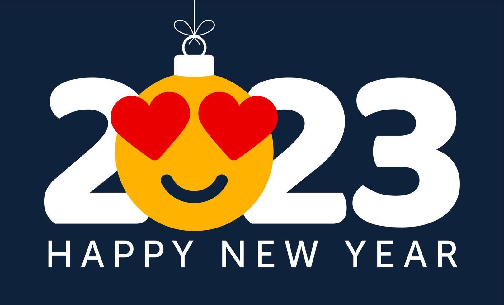 feliz año nuevo 2023 con emoción de sonrisa de corazón. ilustración vectorial en estilo plano con el número 2023 y la emoción del corazón del amor en la bola de navidad cuelga del hilo. vector