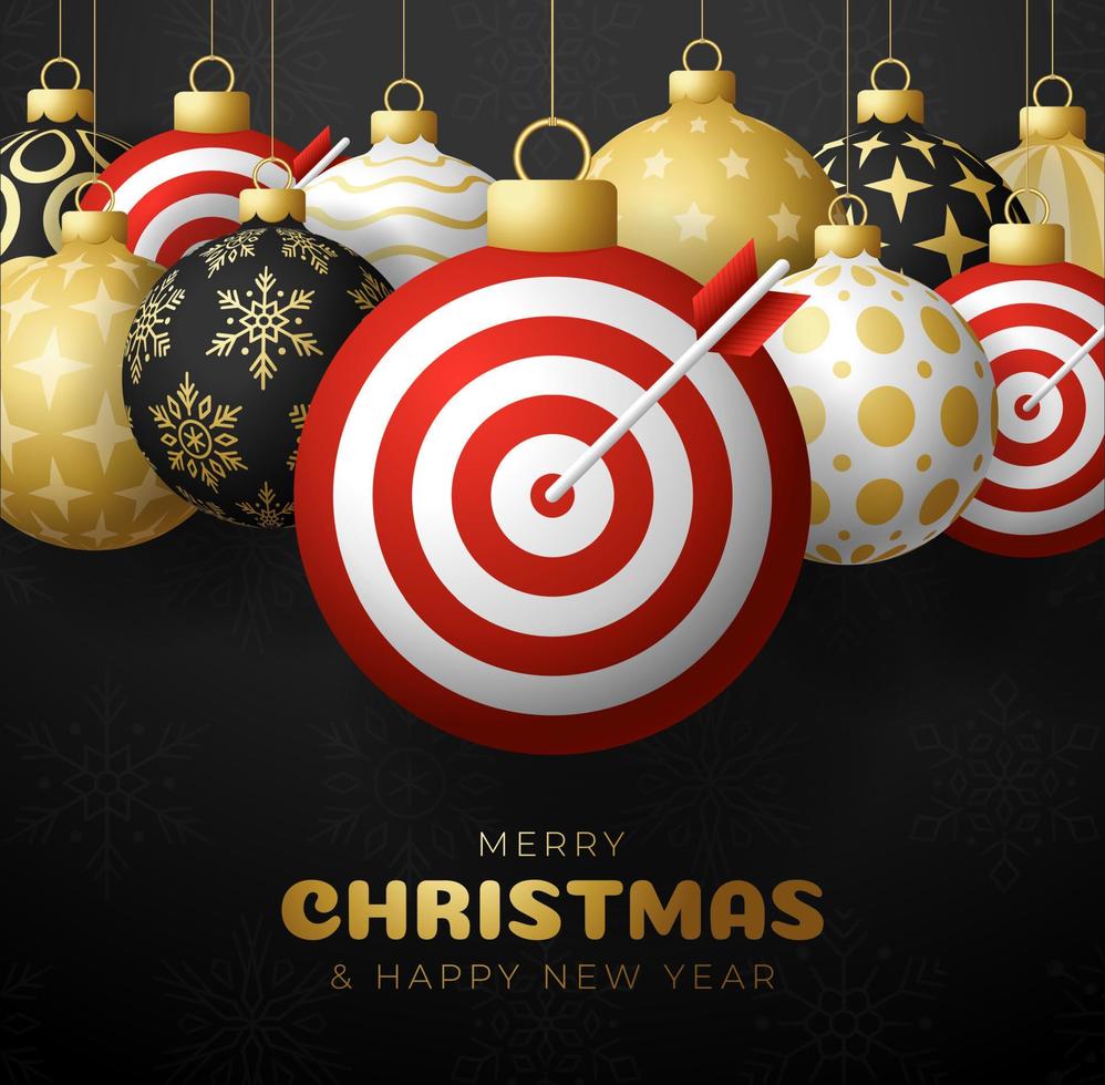 Christmas Target Dash sale card. Merry Christmas sport greeting card set. Hang on a thread Target Dash as a xmas ball and bauble on horizontal background. Sport Vector illustration.